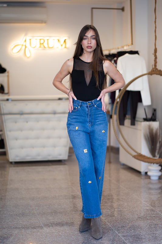 Сини дънки със златни копчета